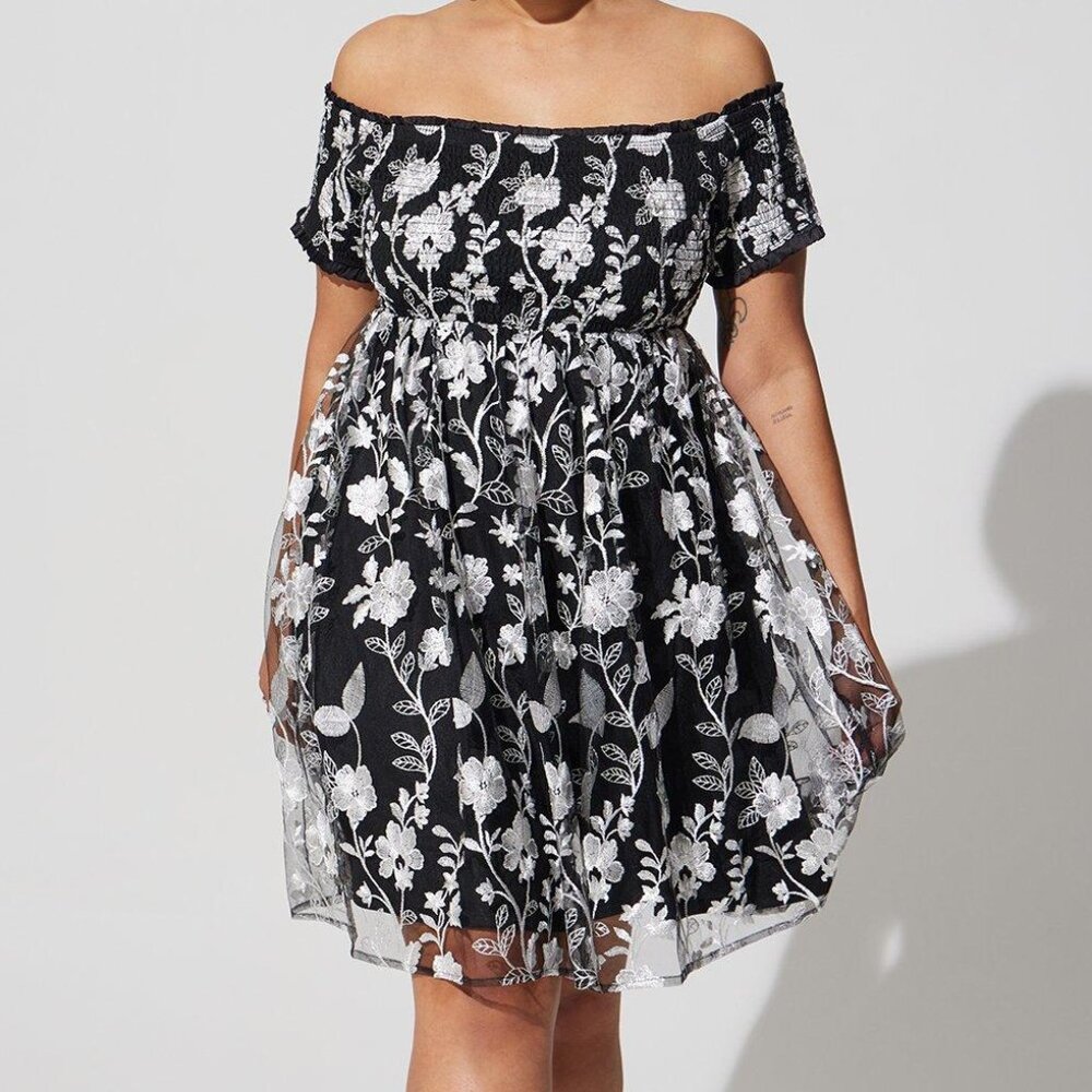 Mini Lace Smocked Off Shoulder Dress